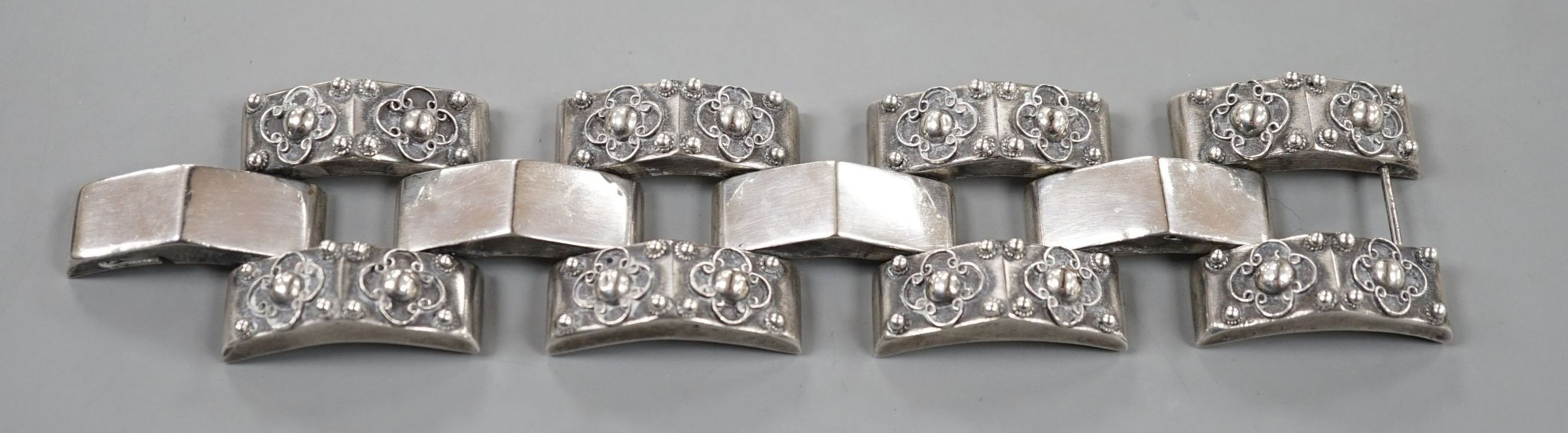 A large Mexican white metal bracelet, approx. 17cm, 72 grams.